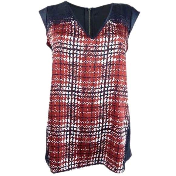DKNY Women's Printed Lace-Trim Top Plaid Red and Black - Picture 2 of 4